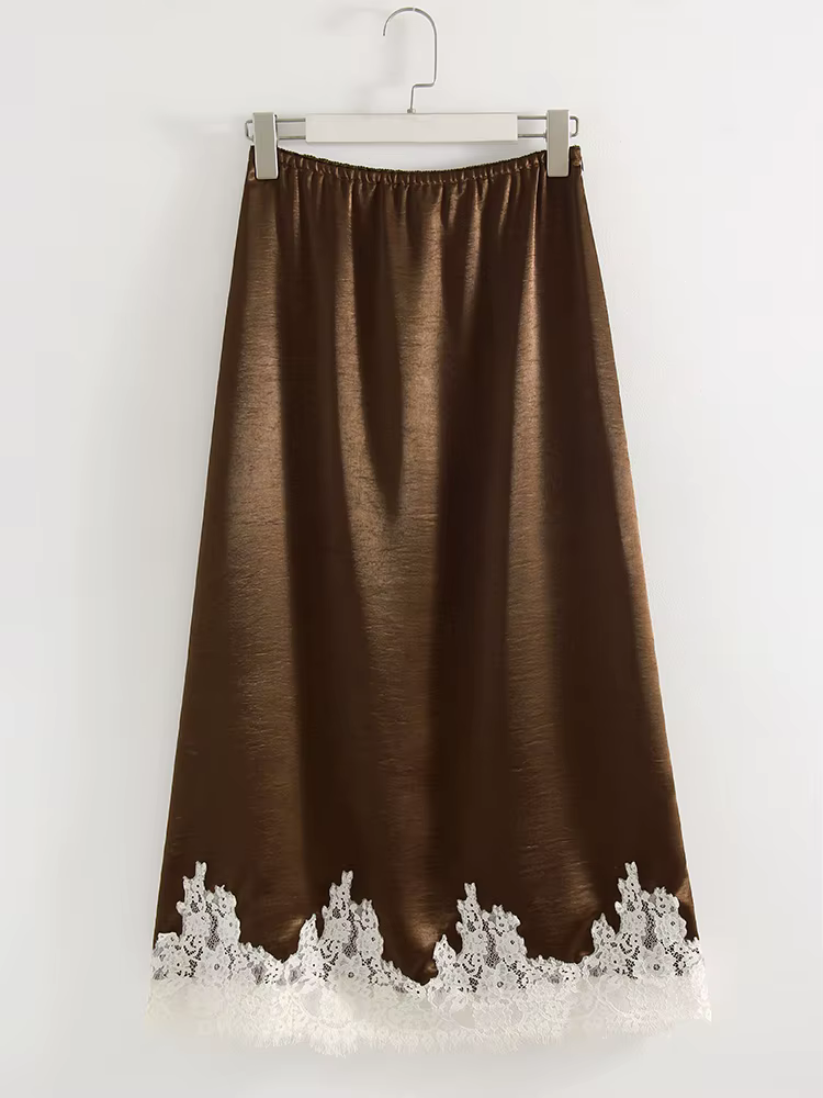 Jupe midi en satin avec dentelle marron pour femme