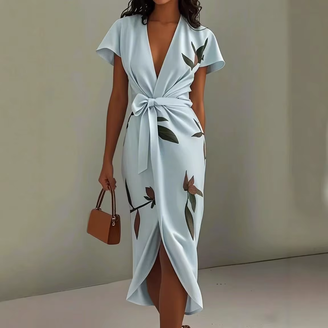 Robe portefeuille mi-longue élégante imprimé floral pour femmes décontractée printemps été ourlet fendu col en V manches courtes