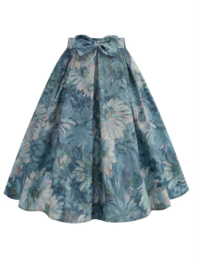 Jupe plissée APRIL MODA en polyester avec nœud imprimé fleuri pour femmes, coupe empire, longueur aux genoux, style années 50 et 60, occasions de fête