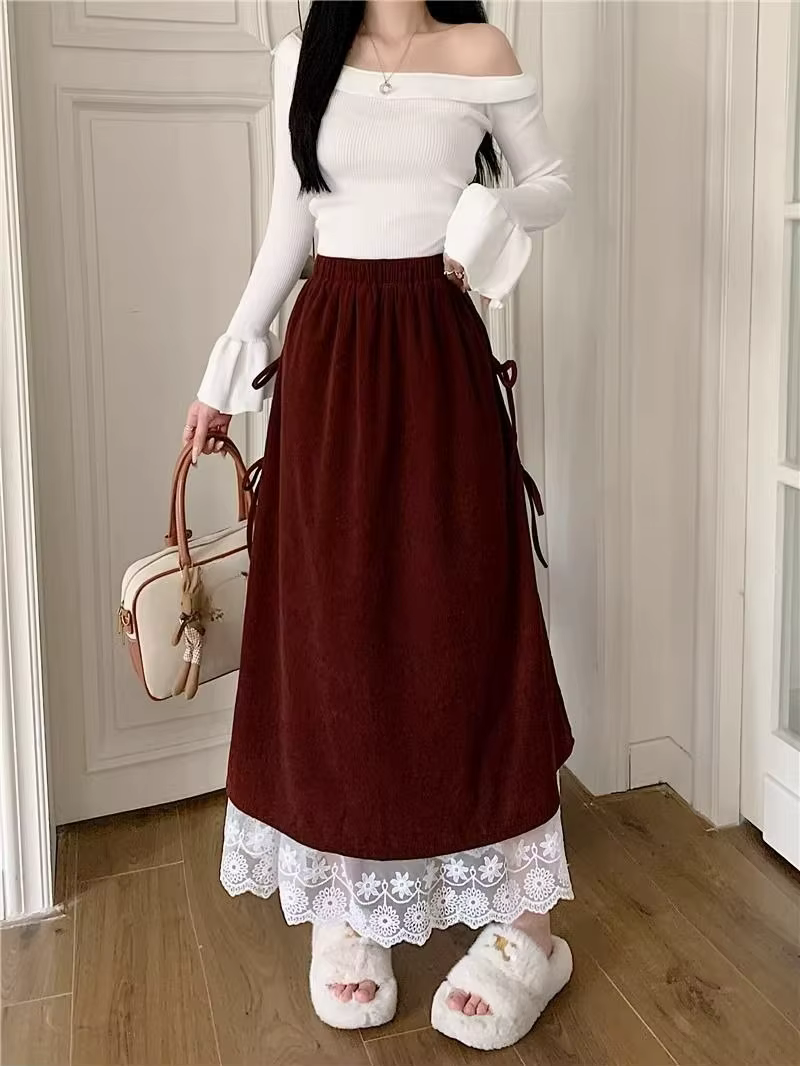 Demi-jupe en velours côtelé garnie de dentelle pour femmes style décontracté saison automne hiver polyester ample amincissante ligne naturelle ajustement lâche longueur mi-mollet