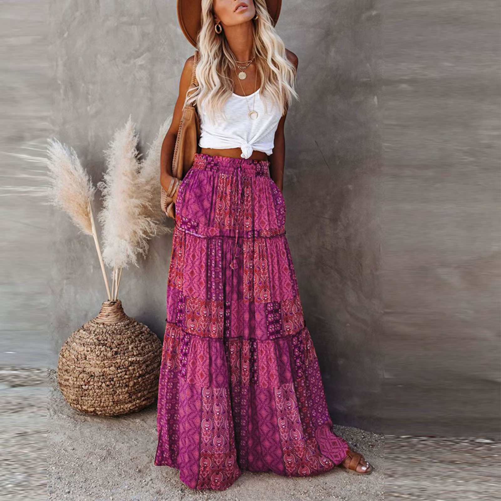 Jupe plissée taille haute à imprimé fleuri bohème pour femmes