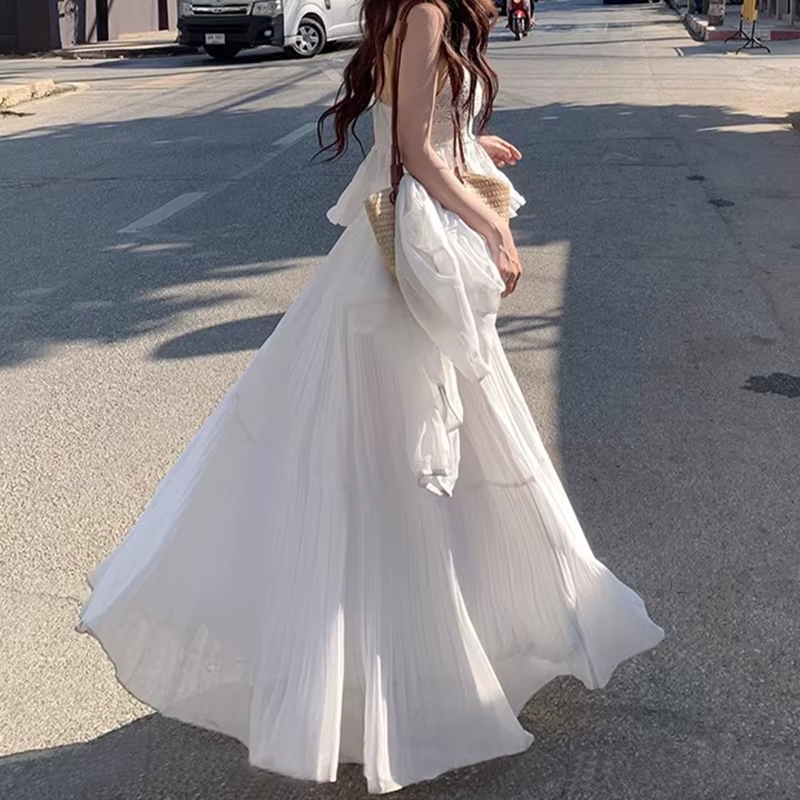 Jupe en maille blanche style doux pour femmes, jupe en tulle mi-mollet pour l'été, jupe midi décontractée et tendance pour sorties et shopping