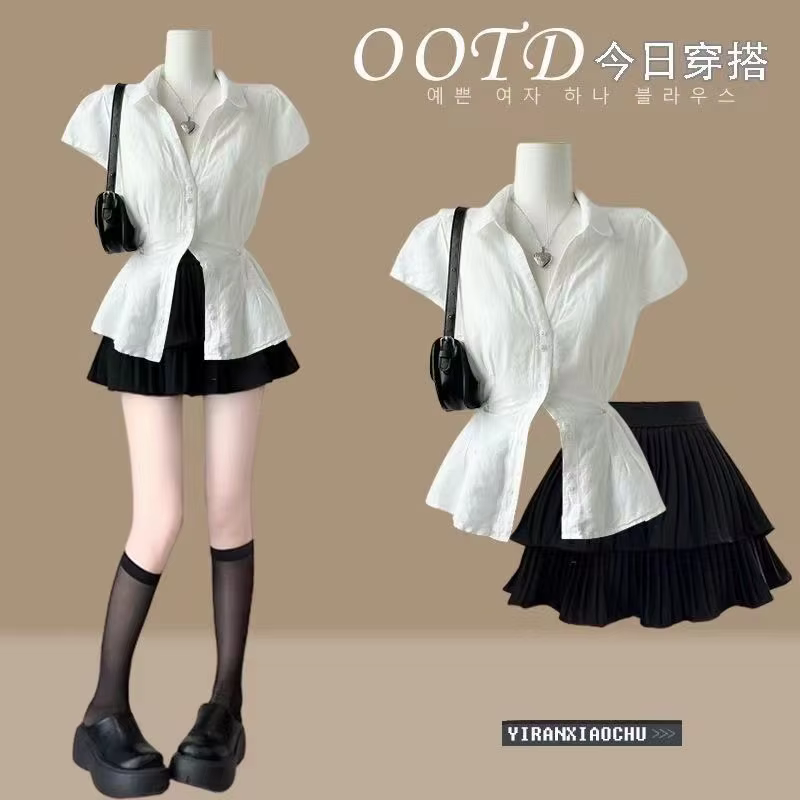 Ensemble d'été à manches courtes, jupe mini taille haute, ensemble deux pièces à la mode, fille épicée, polyvalente, décontracté...