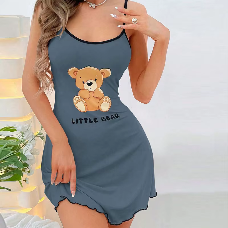 Jupe courte à bretelles pour femmes, pyjama confortable, vêtements de loisirs, dessin animé ours imprimé, lettre extérieure, chemise de nuit, nuits chaudes été automne occasions spéciales
