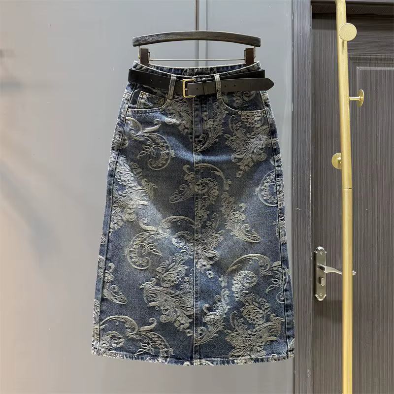 Jupe en jean taille haute en Jacquard rétro pour femmes