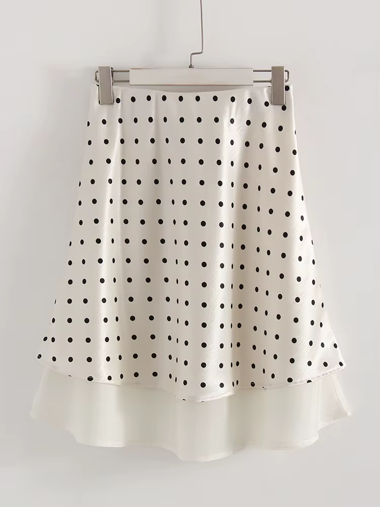 Jupe streagirl en satin à pois pour femme style vintage coupe trapèze mi-longue noir été office casual