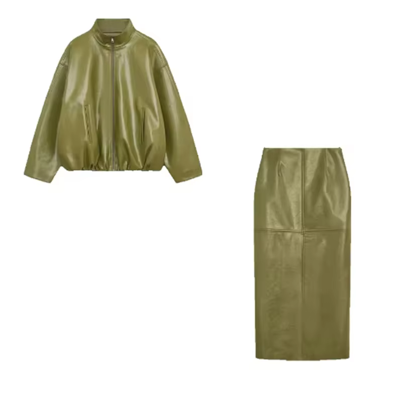 Ensemble de veste en cuir et jupe pour femmes, high street printemps et automne, polyester robuste, fermeture éclair, taille haute, mi-mollet, couleurs variées, confortable et élégant