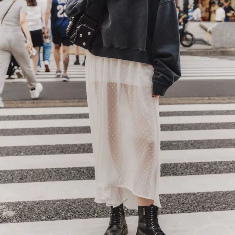 Hirigin mode femmes jupe transparente Y2K à pois cheville longueur longue