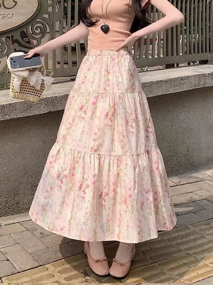Jupe Zoki mignonne à fleurs pour femmes élégante et ample, style rétro chic, coupe haute empire, matière coton-polyester, confortable pour les occasions quotidiennes et les événements