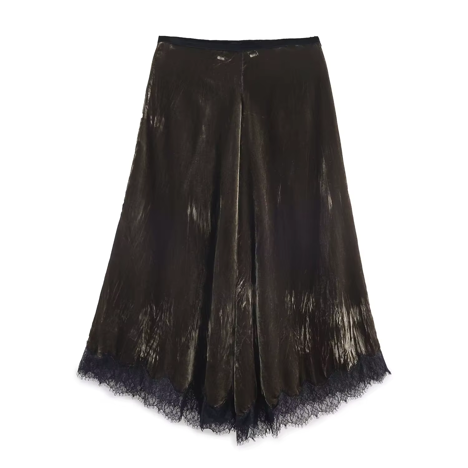 HH femmes mode velours plissé décoration dentelle jupe longue automne femme taille haute côté fermeture éclair