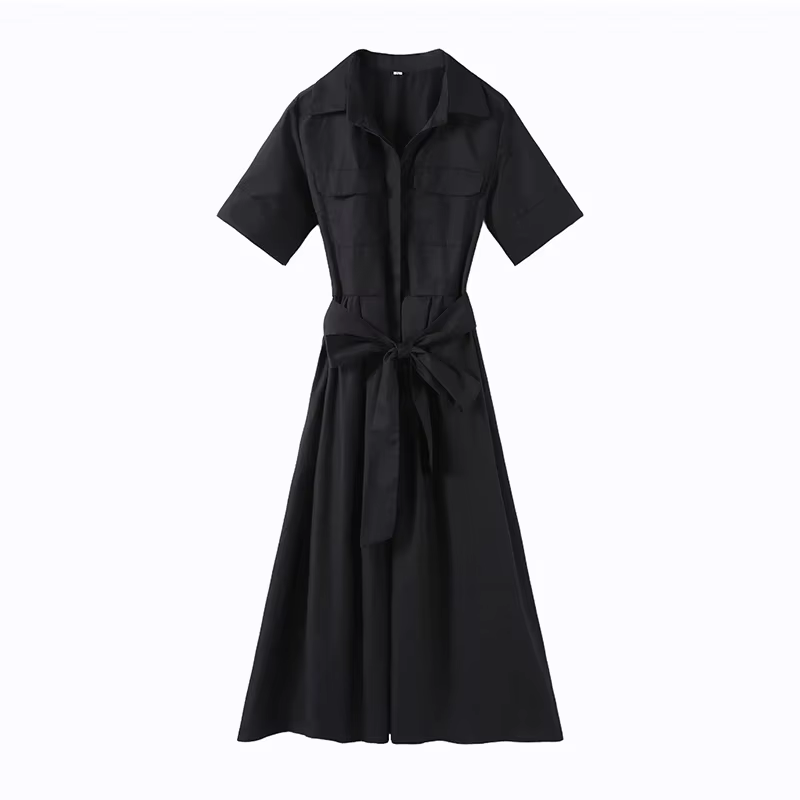 Robe longue élégante noire pour femme avec lacets, manches courtes, poches, ceinture et col rabattu – Collection été 2026 – Coupe ajustée