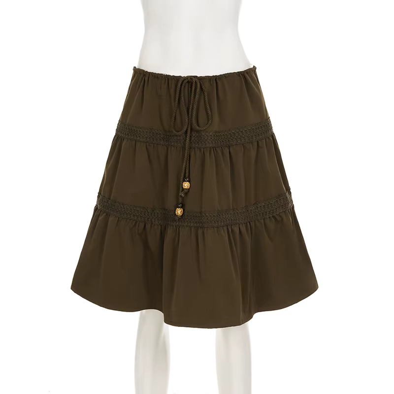 SUCHCUTE Vintage a-ligne perlée cravate-taille tissé jupe pour femme Chic marron dentelle conception mince mi-longue