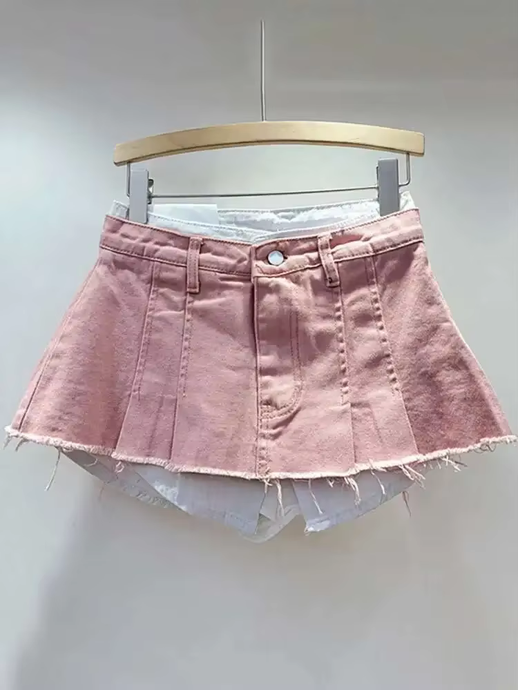 Jupe en jean femme taille haute plissée Patchwork couleur contrastée grandes poches bavures a-ligne Mini