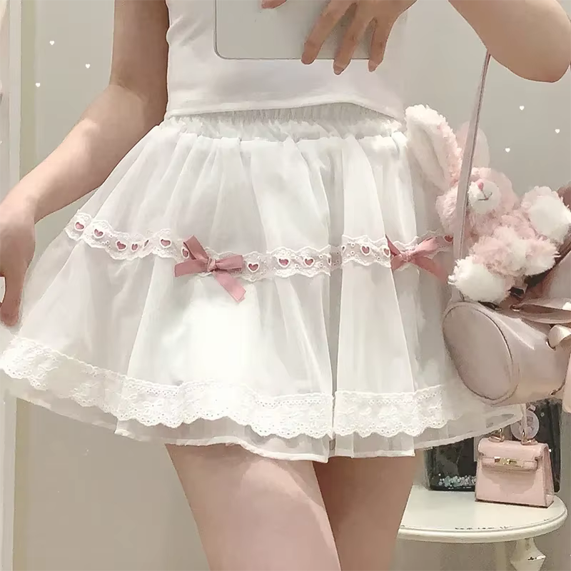 Jupes Mignonnes pour Filles Adorables Été 2026 – Mini-Jupe Femme Style Lolita avec Dentelle et Nœuds Décoratifs, Taille Élastique