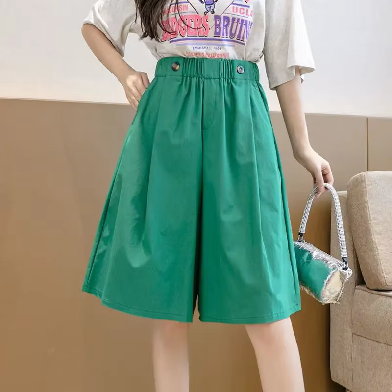 Bermuda demi-jupe femme élégante avec plis, mixte coton-polyester, ajustement lâche, taille élastique, pour l'été, kaki, noir, vert, style décontracté mais sophistiqué, pour les femmes, idéale pour les occasions estivales