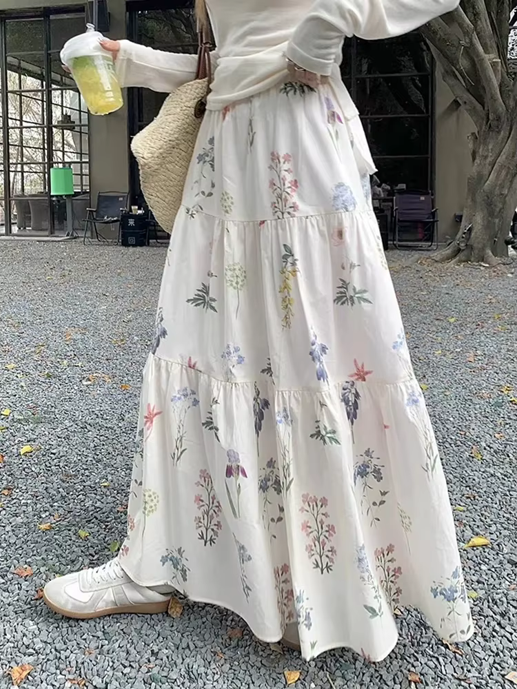Jupes longues florales femmes douce taille haute mode élégante une ligne jupe décontracté Style Preppy français ample