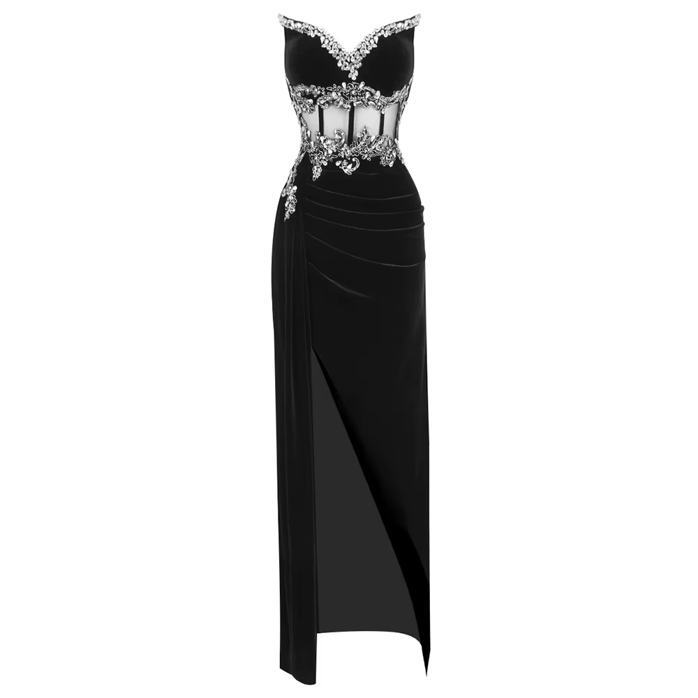 Robe de soirée noire élégante avec corsage orné et fente haute pour femmes occasions spéciales cocktail gala événements sur tapis rouge