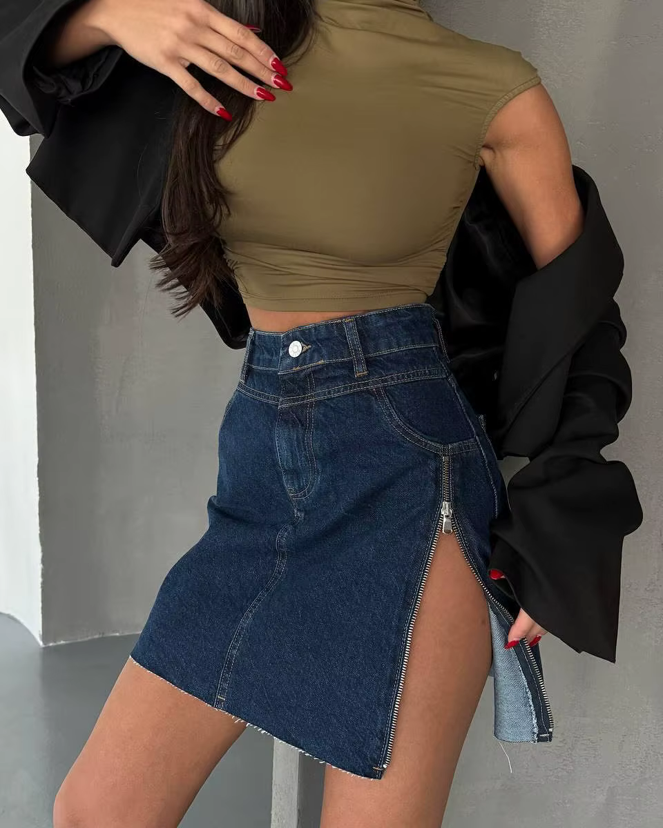 Jupe en jean asymétrique taille haute style euro-américain pour femme