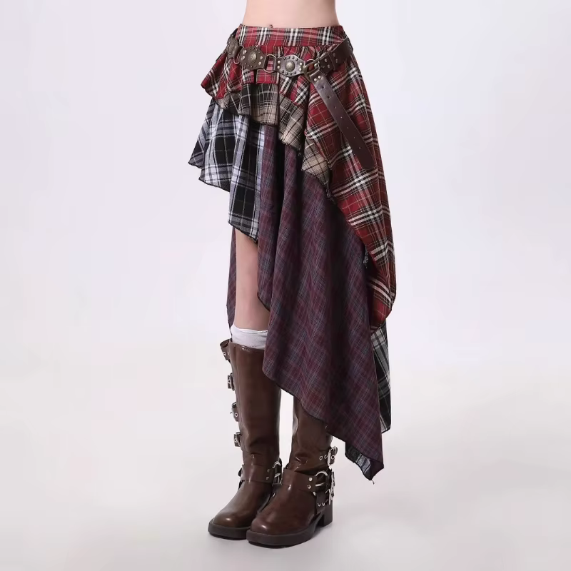 Jupe mi-longue à carreaux irréguliers pour femmes au printemps et en été, douce et fraîche, fille épicée, taille haute, Style amincissant et sportif