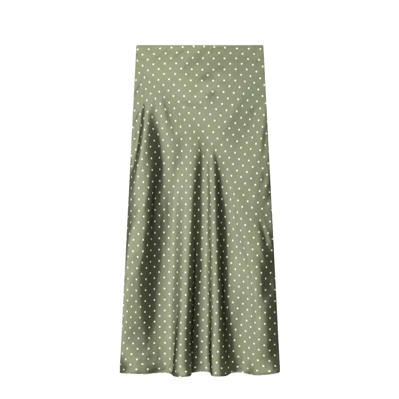 Jupe longue mi-longue à pois taille haute en satin fluide pour femme ETJ