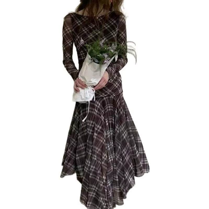 Robe longue élégante à carreaux style décontracté 2026 pour femme, nouvelle collection printemps-automne, taille américaine, pour le marché international