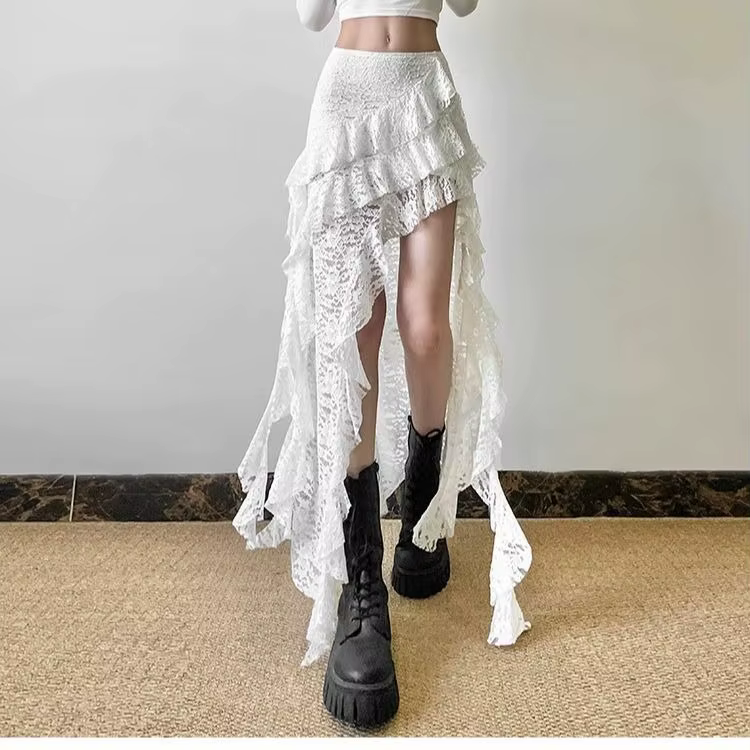 Jupe noire en dentelle Patchwork à volants pour femmes style Y2K grunge taille haute mi-mollet tricoté printemps été 2025