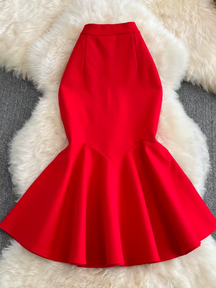 Jupe trompent taille haute à volants pour femmes, jupe ronde sexy, élégante, monochromatique, bureau, printemps, été