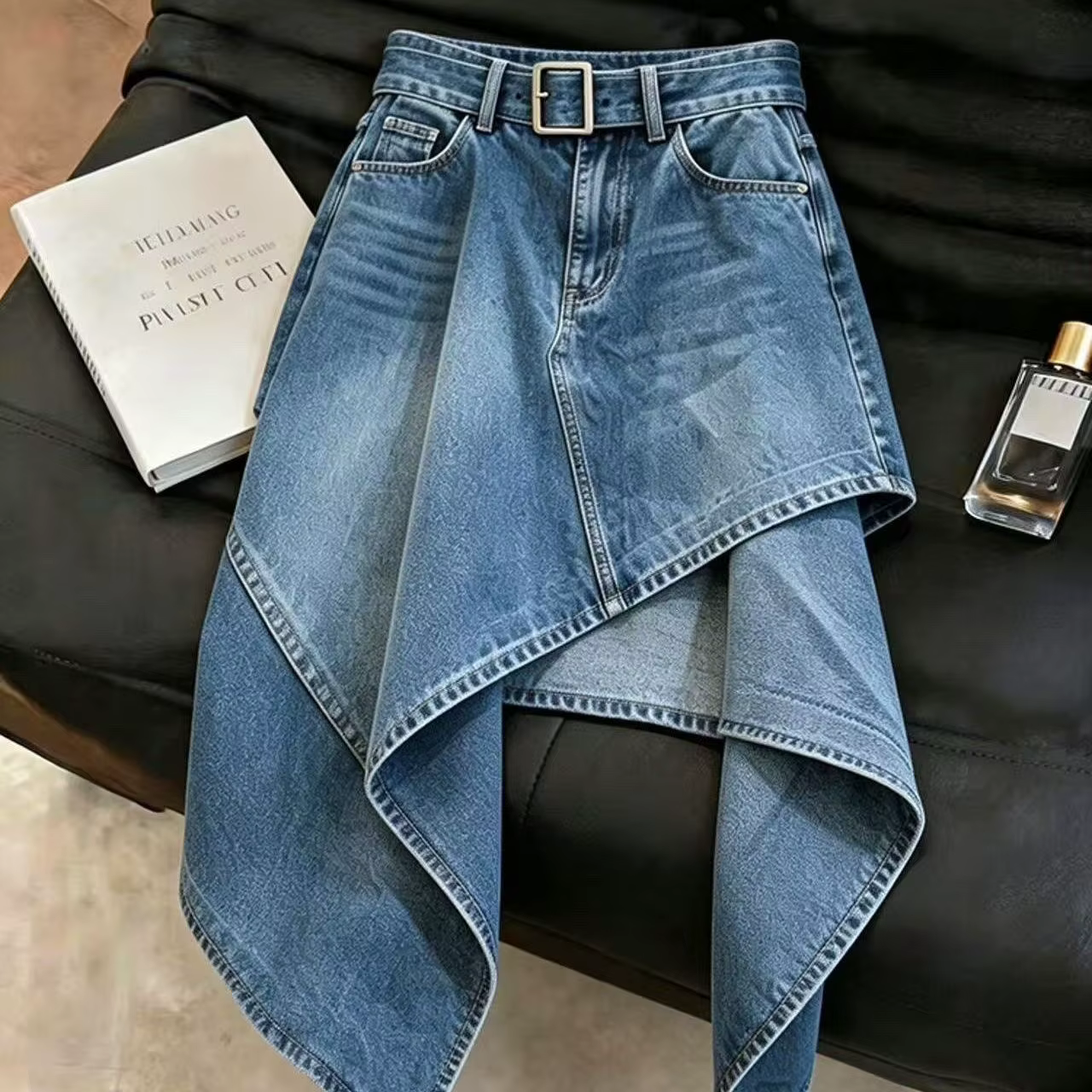Nouvelle jupe amincissante en jean délavé, jupe mi-longue irrégulière pour femmes, été