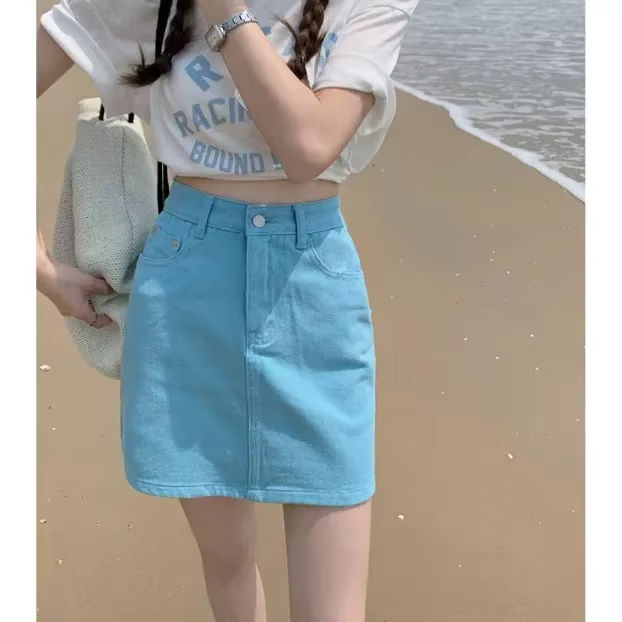 Mini jupe en jean taille haute pour femme avec poche
