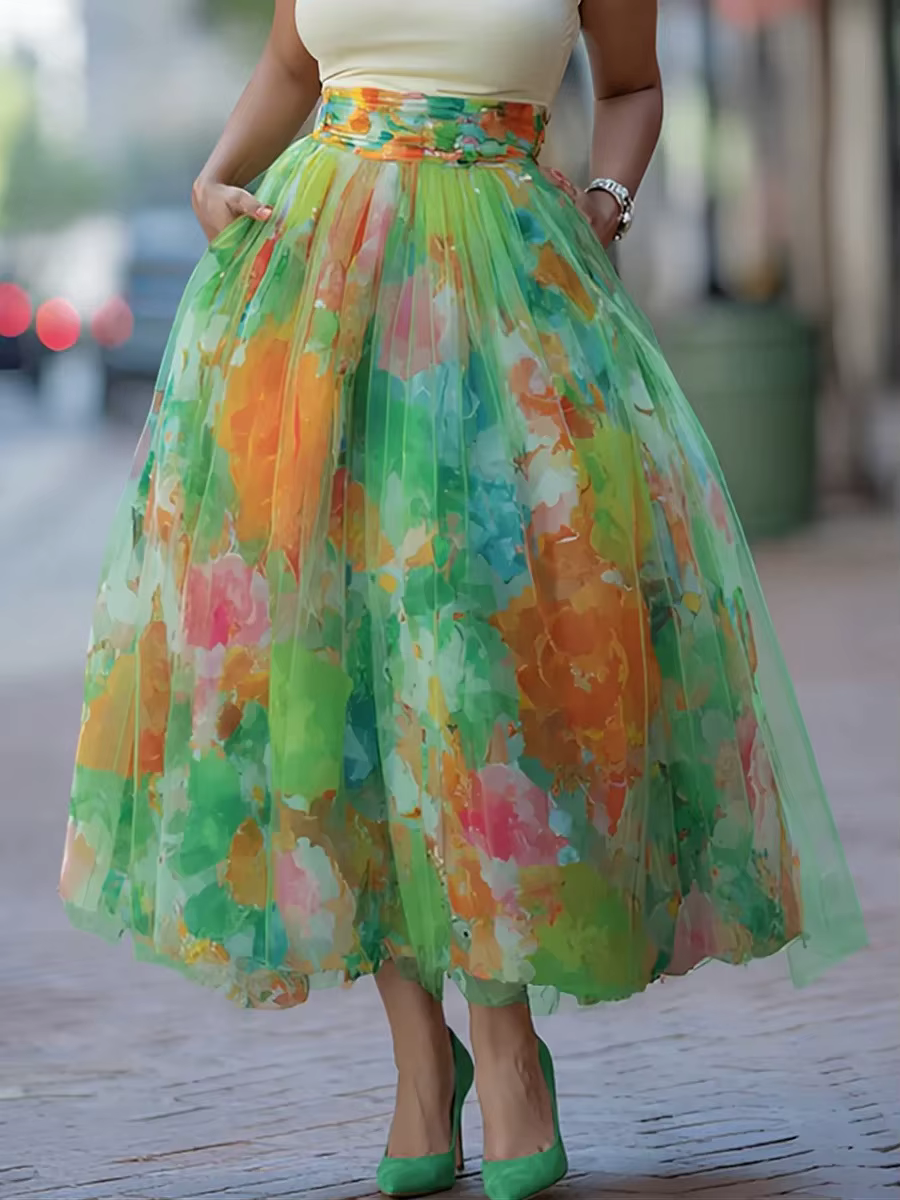 Jupe midi en tulle à imprimé floral