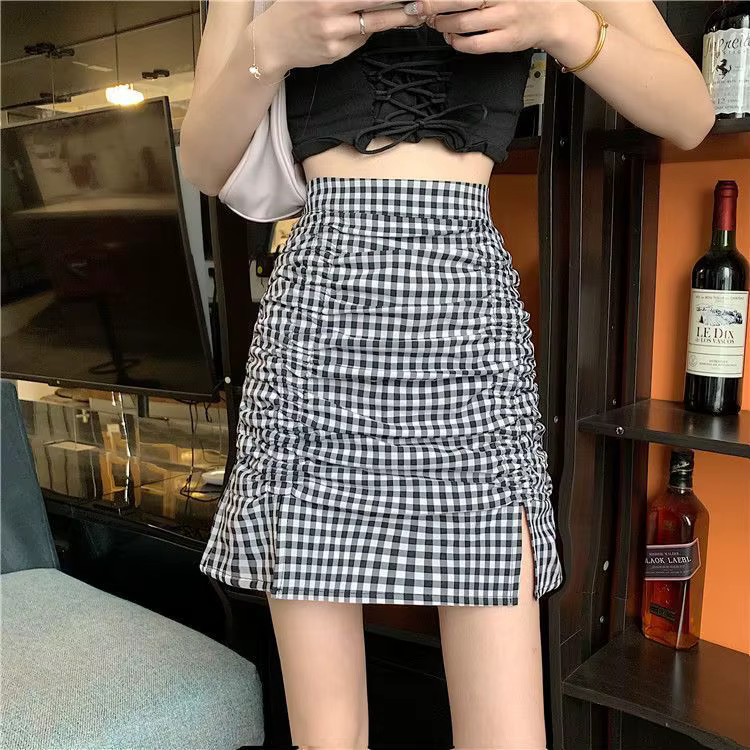 Jupe plissée fendue à carreaux tendance taille haute anti-transparence polyester cuir pour femmes occassions spéciales trapèze mini
