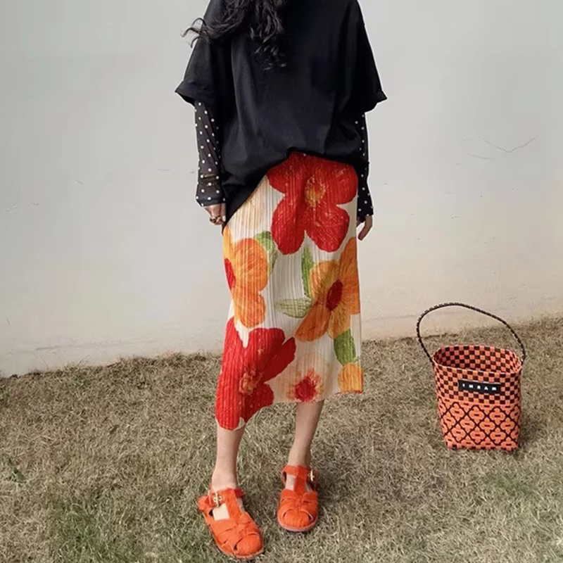 Jupe mi-longue à imprimé floral vintage pour femmes