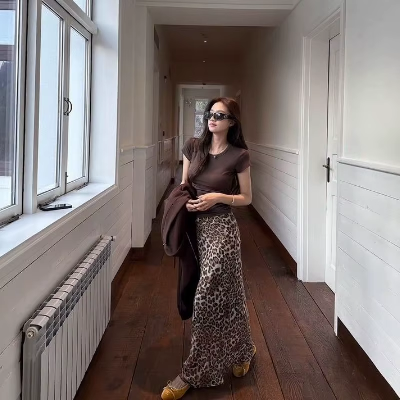 Nouvelle jupe midi transparente à imprimé léopard pour femme