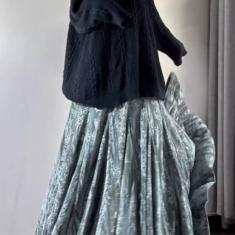 Jupe longue vintage en velours imprimé noir pour femmes style harajuku hiver automne occassions spéciales confortable ajustement haute élasticité une ligne