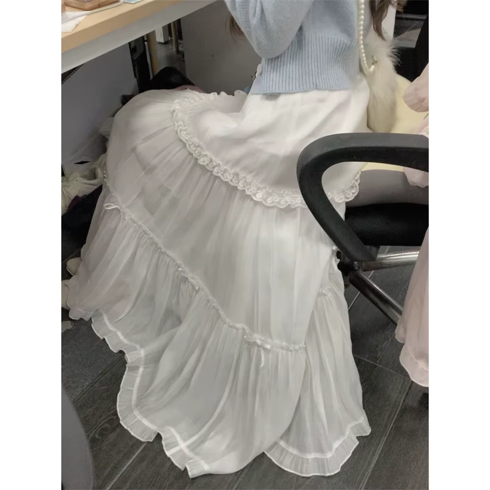 Jupes douces femmes nœud dentelle Patchwork élastique taille haute printemps été 2025 mode japonaise élégante jupe longue femme décontracté