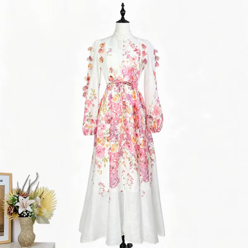 Robe longue élégante style urbain avec manches lanternes, col montant à bouton unique, imprimé floral, sensation haut de gamme pour femmes