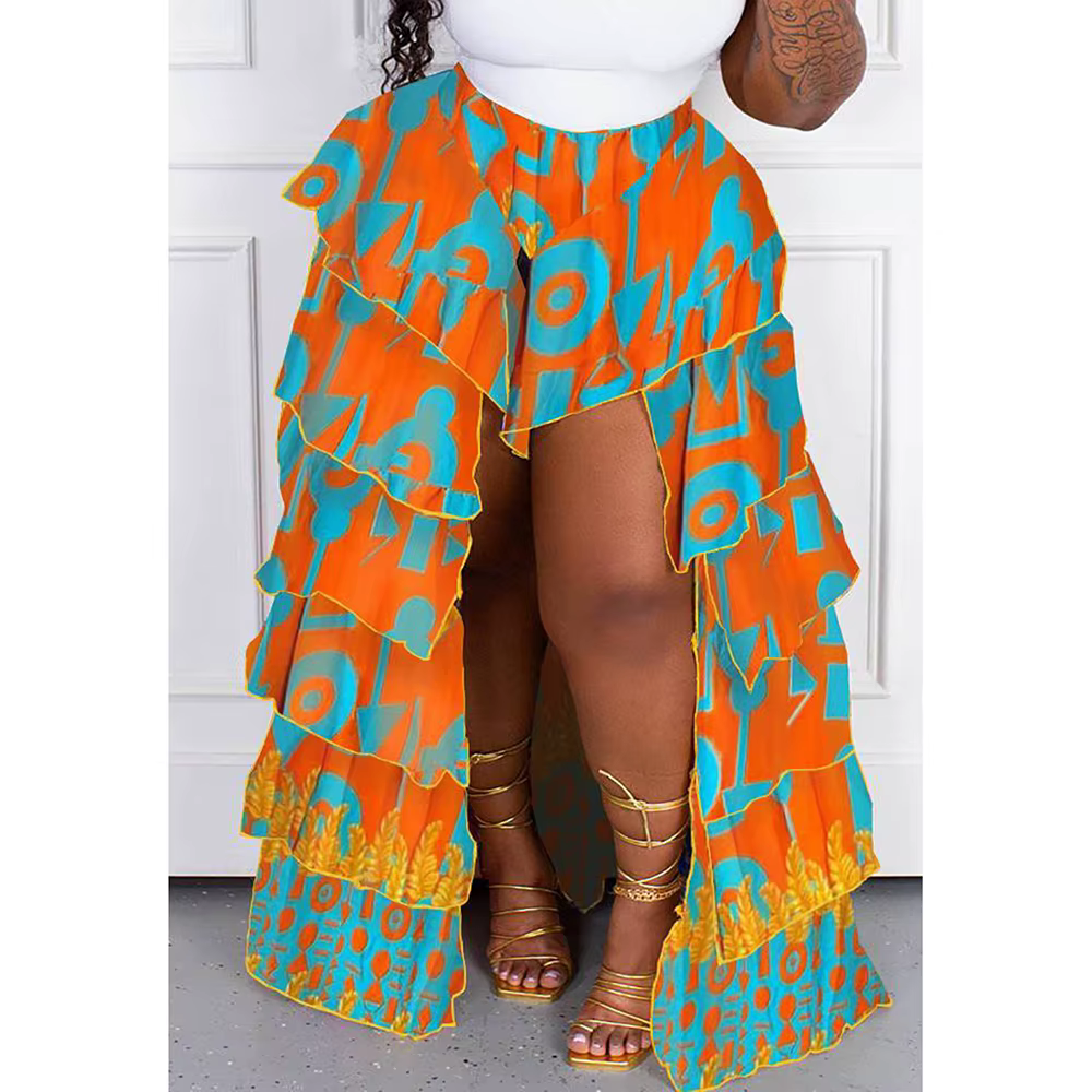 Jupe fendue Flycurvy tulle multicouche imprimé rétro ethnique pour femmes grandes tailles printemps été occasions spéciales