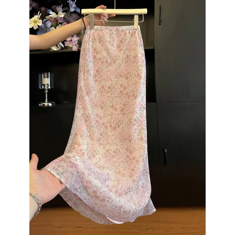 Jupe mi-longue rose à imprimé floral pour femme