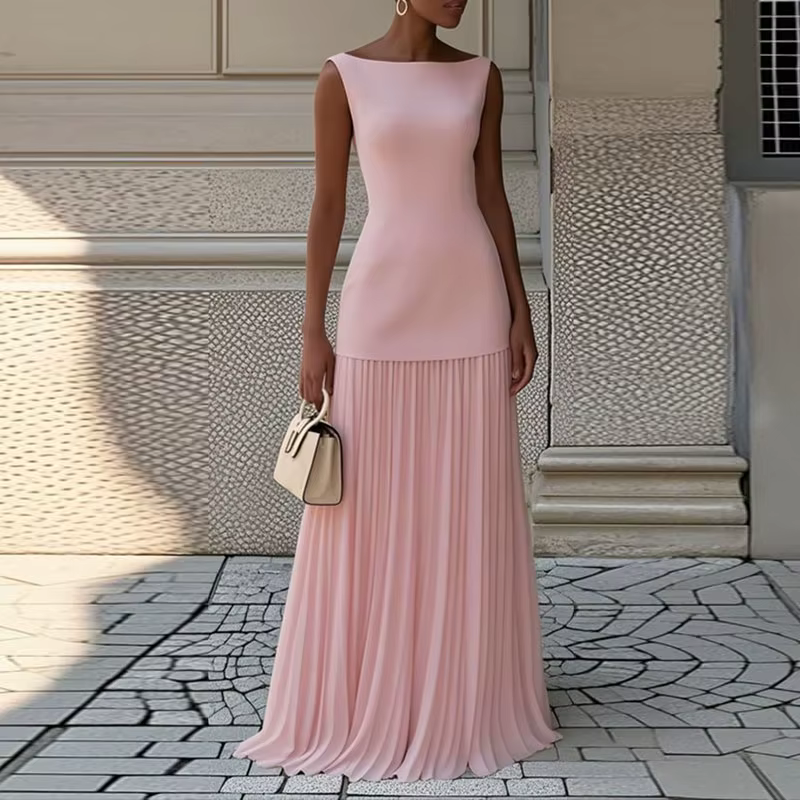 Jupe de vadrouille plissée élégante pour femmes, col rond, sans manches, ensemble de mariage chic, mode d'été 2021, polyester, taille élastique, plissé, style décontracté, ocassions spéciales