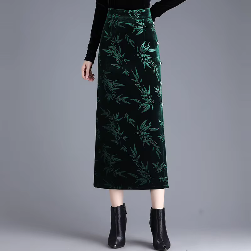 ZUZK velours imprimé jupe moulante élastique taille haute coupe droite mi-longue fente femmes automne hiver nouvelle