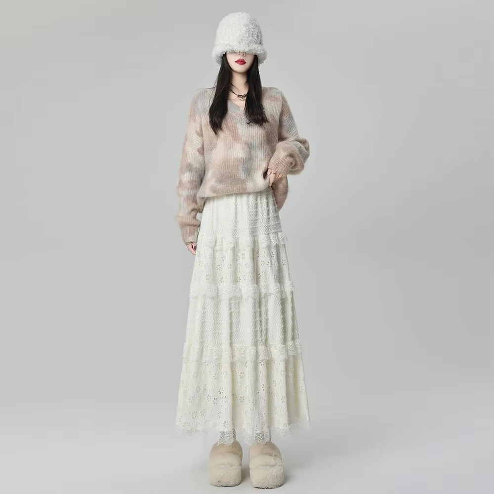 Vent doux taille haute a-ligne dentelle épissage jupe longue femmes conte de fées gâteau