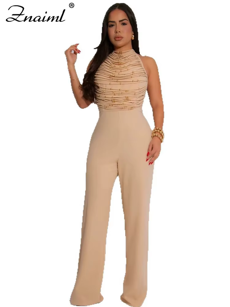 Znaiml combinaisons longues élégantes pour les femmes été sans manches licou à lacets dos nu pansement pantalon à jambes larges barboteuses une pièce 2025