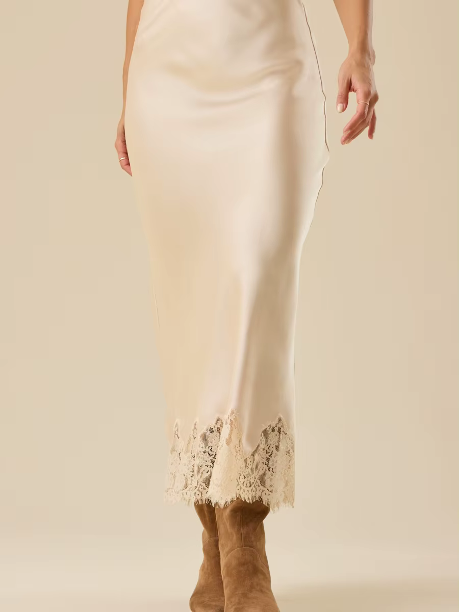 Femmes demi-glissement jupes longues dentelle garniture Satin jupe Midi une ligne fluide soyeux Maxi