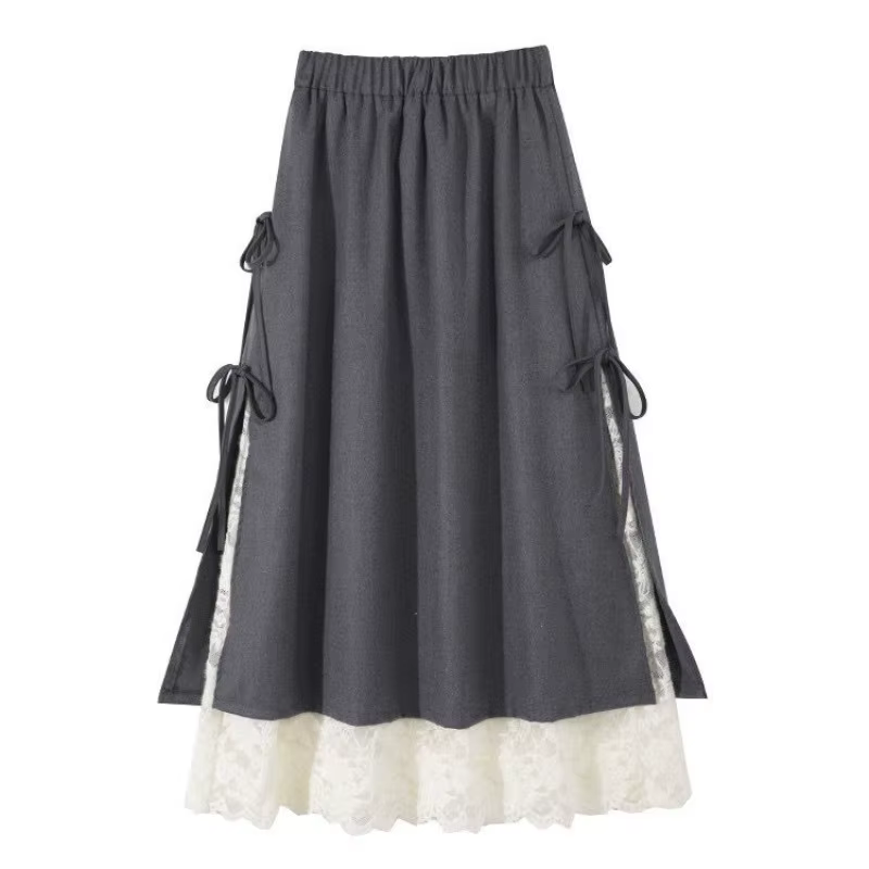 Mori Girl Style Vintage gris dentelle nœud Tweed Maxi jupe automne hiver mode Simple taille haute a-ligne volants