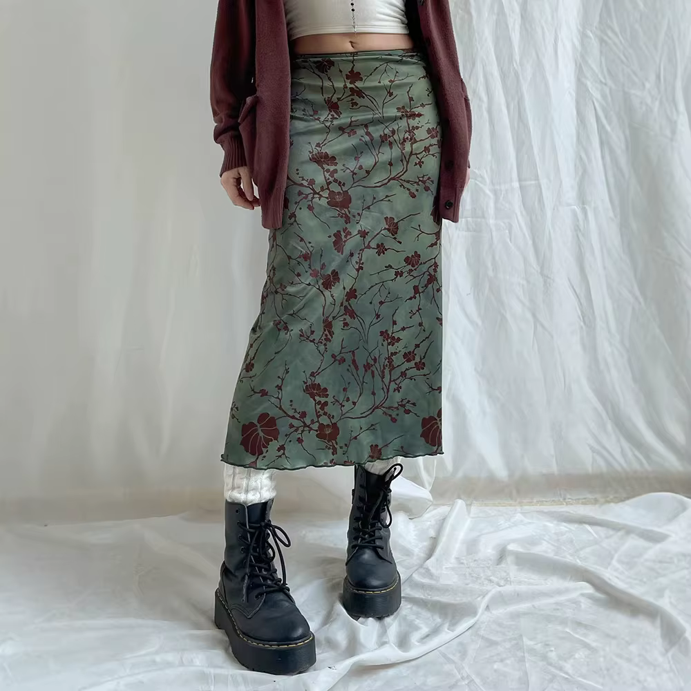 Jupe mi-longue taille haute femme style gothique fentes volants streetwear Y2K mode trapèze polyester élasthanne occassions spéciales
