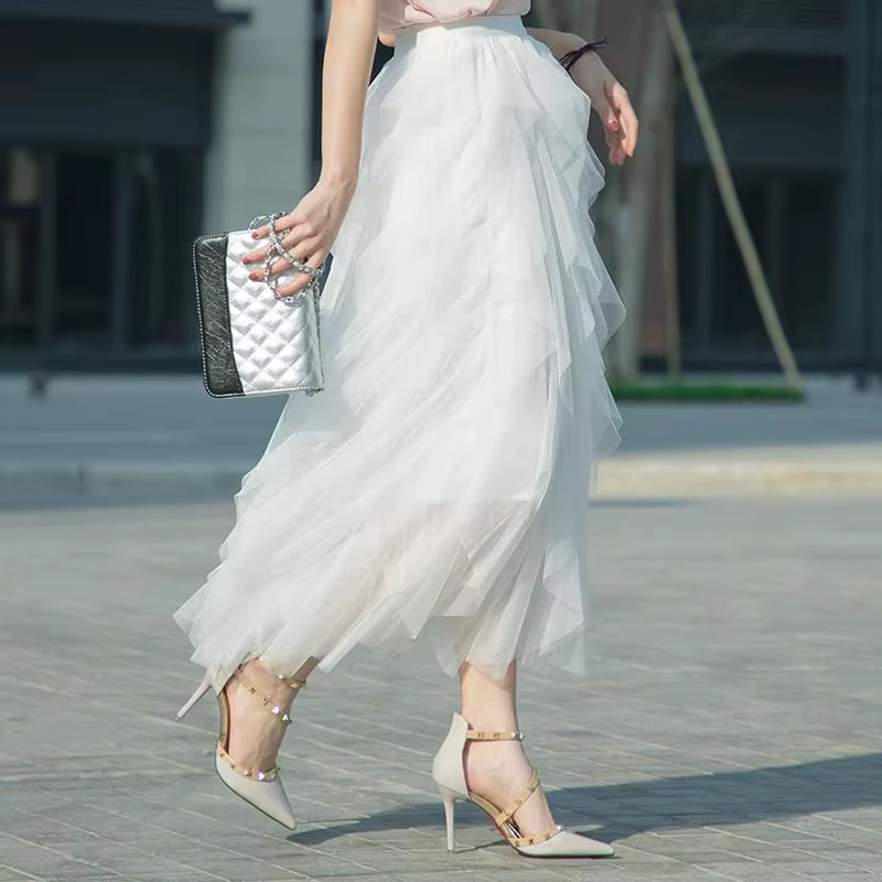 Tutu Tulle longue Maxi jupe femmes mode coréenne mignon rose taille haute