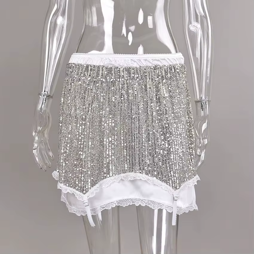 Ensemble haut à bretelles sans manches et jupe mi-longue en dentelle à paillettes sexy pour femmes – New Street Party 2 pièces