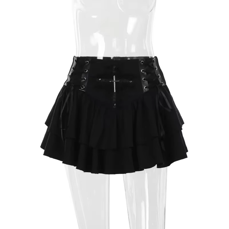 Mini jupe en dentelle noire à lacets croisés pour femmes