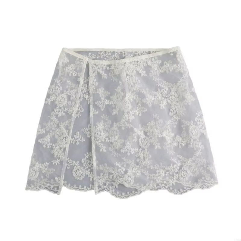 Jupe tablier courte en acétate avec broderie florale pour femmes junior, ajustement souple et élégance décontractée pour toutes les occasions