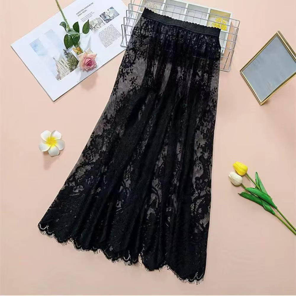 Jupe de dessous en dentelle florale 75 cm pour femmes, sécurité anti-transparence, polyester, blanc ou noir, pour Cheongsam, streetwear et tenues de ville